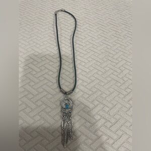 Silver-tone and Blue Feather Pendant Necklace
